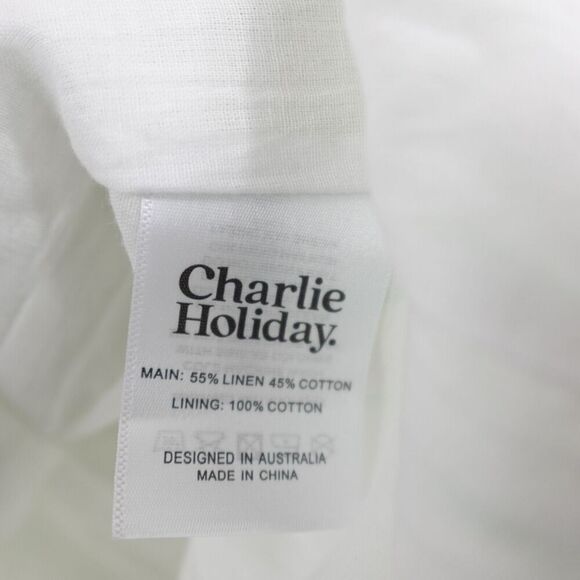 Charlie Holiday Linen Cotton Smocked Mini Dress Stripes Palm Trees Size 2 - Picture 10 of 11